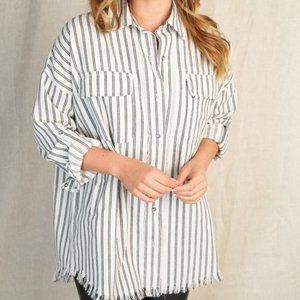 NEW WHITE BIRCH pin stripe button down shirt blouse western frayed boho LG-XXL